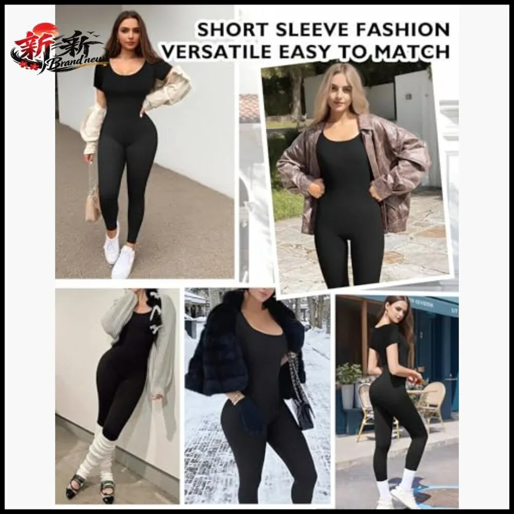 Seamless Jumpsuit Ribbed Workout Romper Nylon Spandex Short Sleeve